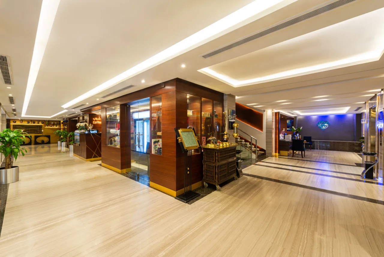 Hotel lobby with marble flooring and seating